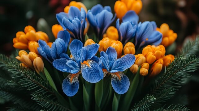 Floral Arrangement Blue irises and orange tulips amidst green foliage create a vibrant, natural display - Powered by Adobe