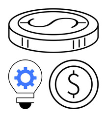 Stackable coin, circular gear in lightbulb, and money symbol illustrate financial strategy, growth, startup ideas, investment, profit planning. Ideal for finance, innovation business saving