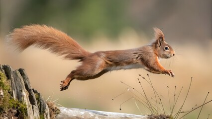 This image features a highly detailed and realistic illustration of a red squirrel. The squirrel is depicted standing on its hind legs in profile, facing slightly to the right, as it holds a nut (poss