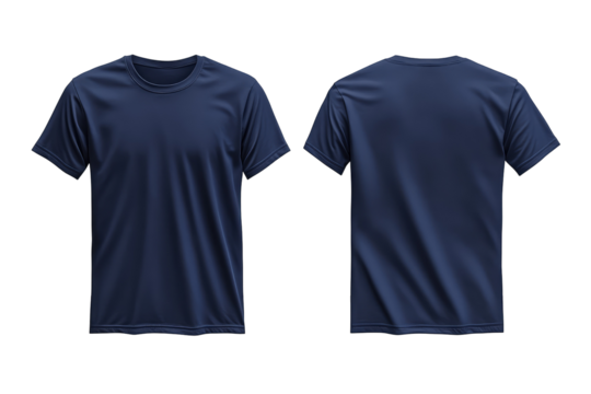 Two views of a plain navy blue t shirt with short sleeves on a black background front and back view shown