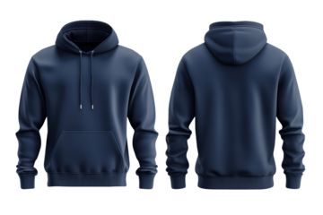 A front and back view of a navy blue hoodie with hood and drawstrings on a black background image