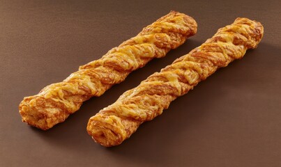 Two twisted cheese breadsticks on brown background, food photography for recipe or menu