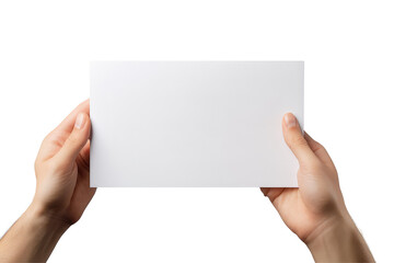 A pair of hands holding a blank white rectangular card against a black background in a studio shot