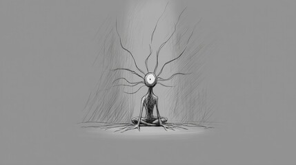 Sketch of a seated, slender figure with a single eye and radiating lines, creating a surreal, mysterious atmosphere, suggesting introspection or otherworldly presence