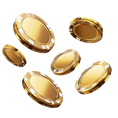 A collection of gold casino chips floating against a black background in a dynamic and scattered array