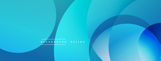 Abstract blue layers create dynamic background. Overlapping circles suggest depth, modern aesthetic. Minimal text present.