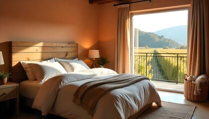 Rustic chic bedroom with reclaimed wood furniture, linen bedding, and warm earth tones.