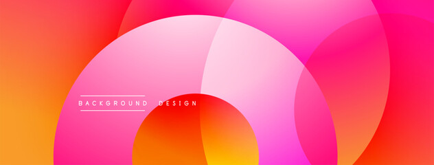 Abstract vibrant design features overlapping circles. Colors transition from orange, pink, purple creating dynamic visual effect. Modern background.