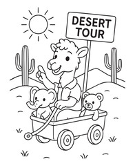 Coloring book camel leads a "DESERT TOUR" with an elephant and bear in a wagon