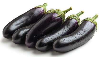 Five vibrant purple eggplants with green stems sitting on a white surface