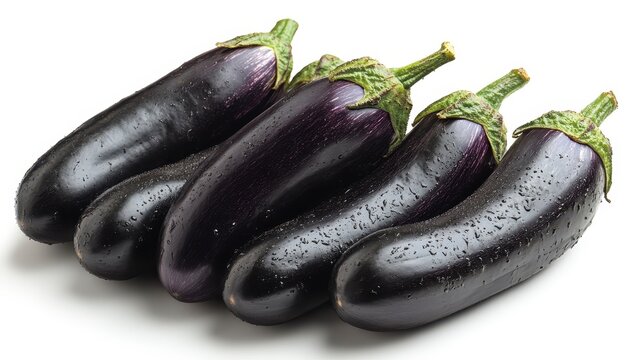 Five vibrant purple eggplants with green stems sitting on a white surface