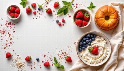 Fresh Summer Fruit and Dairy Arrangement with Strawberries, Blueberries, Creamy Texture, and Golden Bagel on Light Background