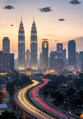 Fototapeta premium Aerial Photo of Kuala Lumpur Cityscape with Drone and Traffic Lights at Sunset