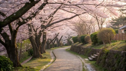 A serene garden path adorned with vibrant cherry blossom trees in full bloom, offering a peaceful and picturesque springtime setting.