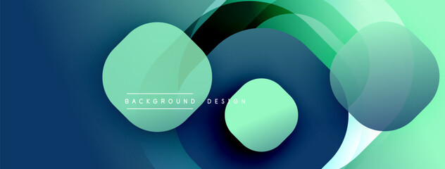 Abstract design features overlapping circles, gradients. Blue, green hues create modern aesthetic. Minimalist composition, smooth transitions.