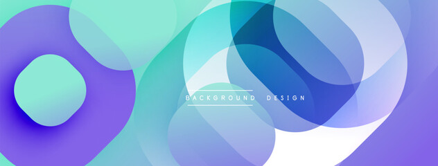 Abstract background features overlapping translucent circles. Colors range from purple, blue, turquoise, white. Modern design element.