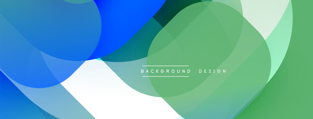 Abstract fluid shapes overlap, creating vibrant color gradients. Modern design features translucent layers, blue, green hues.