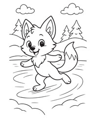 Coloring book cute fox ice skating. In the background, there are pine trees and clouds,