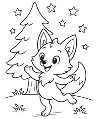 Coloring book fox dances under a shower of stars, with a festive pine tree in the background.