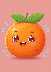 Cartoon Illustration Of A Happy Orange With Green Leaves And Pink Background