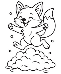 Coloring book fox leaps with glee into a fluffy snow pile, perfect for a cheerful winter-themed