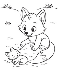Coloring book mother fox nudges her sleepy kit, creating a heartwarming scene 