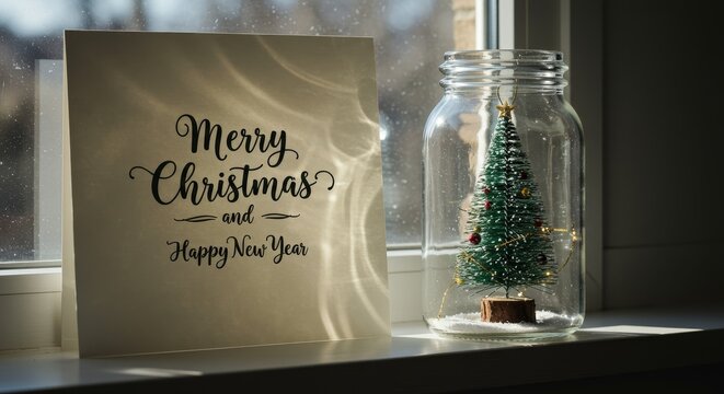 Christmas Greeting Card And Christmas Tree In A Glass Jar Photo
