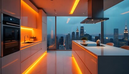 Sleek futuristic kitchen with touch-screen appliances, glossy surfaces, and integrated lighting.