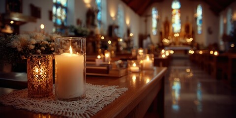 candles burning in glass holders on a wooden surface with church altar in the background