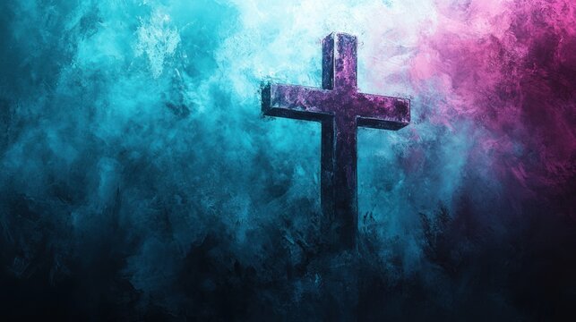 Abstract Dark Cross on Watercolor Wash Background with Copy Space for Worship Slide
