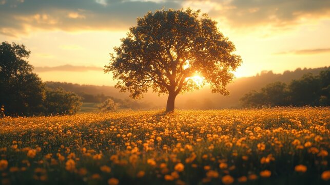 Golden light bathes a flower meadow with a lone tree at sunset - Powered by Adobe