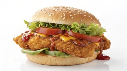 Crispy Fried Chicken Burger with Sesame Bun, Lettuce, Tomato and Cheese, Fast Food, Burger Recipe Fast Food, Chicken Burger