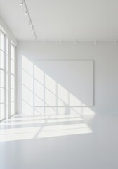 Fototapeta premium Clean White Room Interior with Blank Wall Illuminated by Sunlight Photo