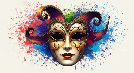 Colorful Venetian Mask Illustration on White Background with Watercolor Splashes