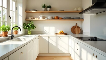 Sleek Scandinavian kitchen with white cabinetry, black fixtures, and open shelving