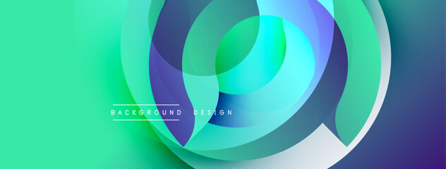Abstract vibrant circles overlap creating dynamic gradient effect. Turquoise, purple, green hues blend seamlessly. Modern design element.
