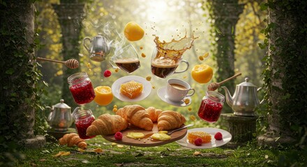 Enchanting Breakfast Scene: Floating Coffee, Croissants, and Honeycomb in a Forest