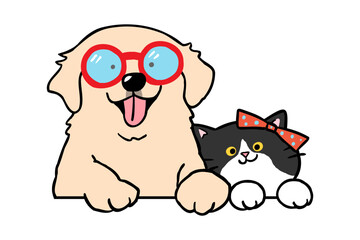 Vector Illustration of Cute Cartoon Dog and Cat Friend Character on Isolated Background. Hand Drawn Vector Illustration.