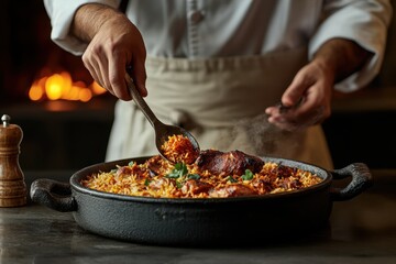 Skilled Chef Preparing Delicious Rice Dish with Meat and Herbs