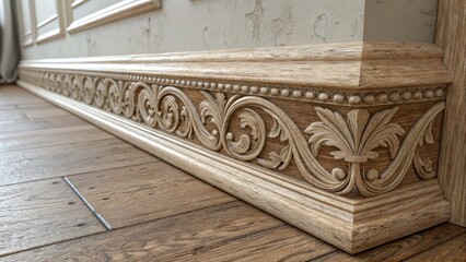 Naklejka premium Elegant Wood Baseboard with Intricate Carving, Baseboard Molding, Wood Trim