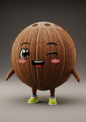 Cute Animated Coconut Character Smiling and Winking With Green Sneakers Photo