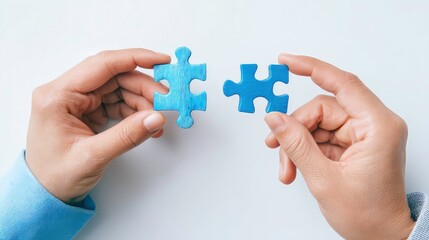 Hands holding wooden puzzle pieces in light background, symbolizing connection, problem-solving, and teamwork in a business context