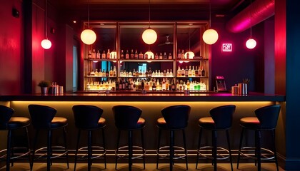 Sophisticated black and gold home bar with leather stools, mirrored back wall, and ambient lighting .