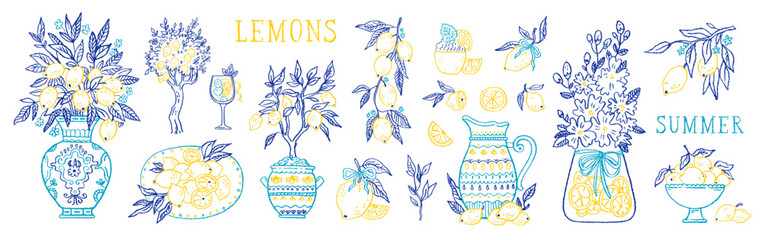 Naklejka na ściany i meble Lemon line vector. Italian hand drawn summer lemon fruit. Line doodle citrus. Sketch tree branch, mediterranean vase, lemonade limoncello. Amalfi Italy coast. Vintage illustration icon set. Italian bg