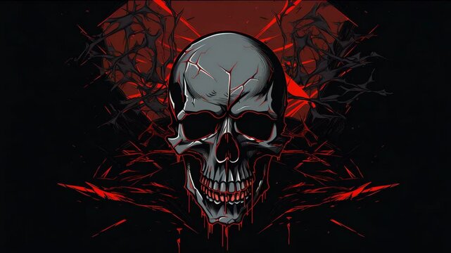 A dark and dramatic skull design with striking red accents and sharp, broken details.