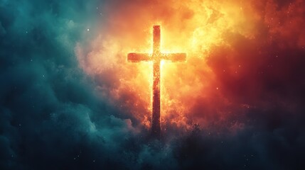 Fototapeta premium Radiant Cross: Luminous Watercolor Washes and Ethereal Light Beams in Christian Theme