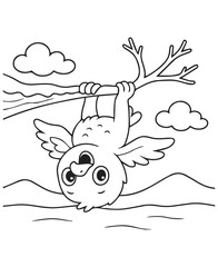 Coloring book baby eagle hangs upside down from a tree branch