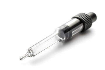 Close up of a glass dropper with a black rubber top on a white background in high resolution