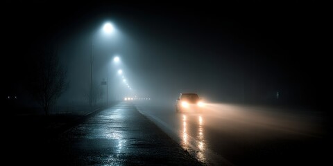 car headlights approaching through dark and foggy night road on wet asphalt surface