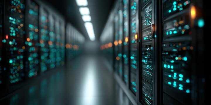 data center server racks in long row with bright blue led lights and blur effect along the hall